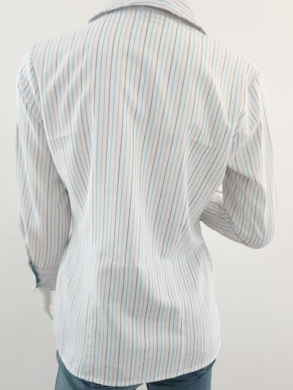 Executive Uniforms Striped Button Down Blouse Shirt XS Teal Blue Tan White - Picture 4 of 16